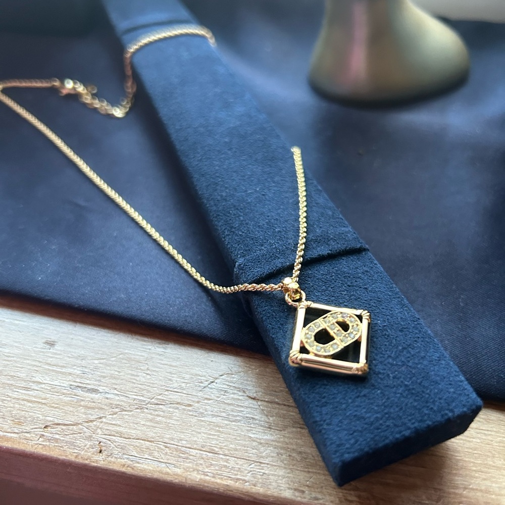 💯 Christian Dior Authentic Pave Bijou CD Logo Square Frame Necklace
